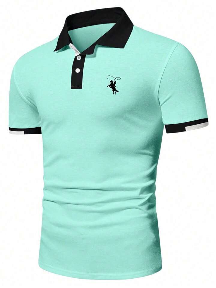 Mode Men Horse Graphic Contrast Trim Polo Shirt