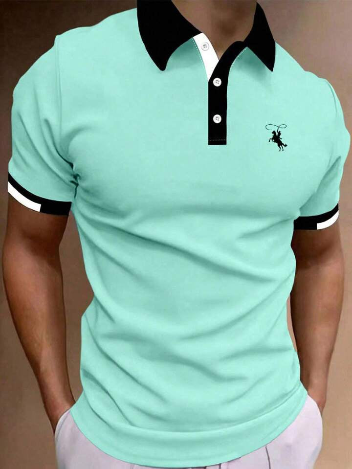 Mode Men Horse Graphic Contrast Trim Polo Shirt