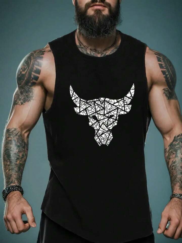 Men Casual Summer Tank Top With Bull Head Print