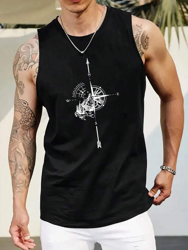 Men's Compass & Mountain Pattern Printed Casual Tank Top