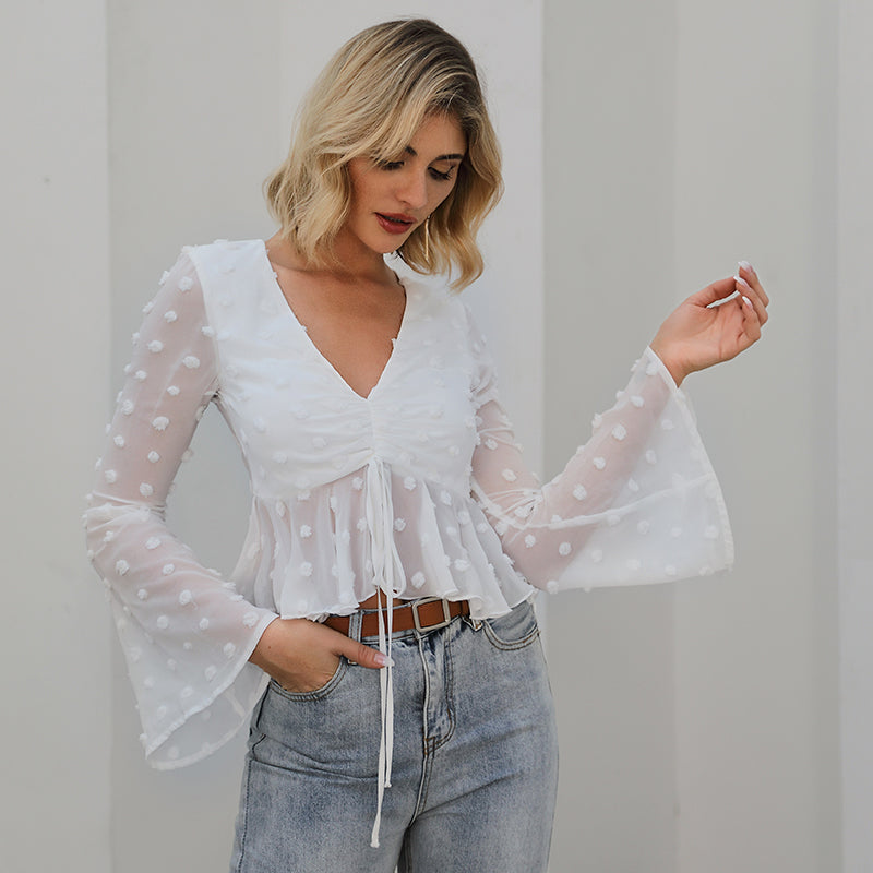 Estella's V Neck Ruched Detail Ruffle Hem Long Sleeve Dot Crop Top