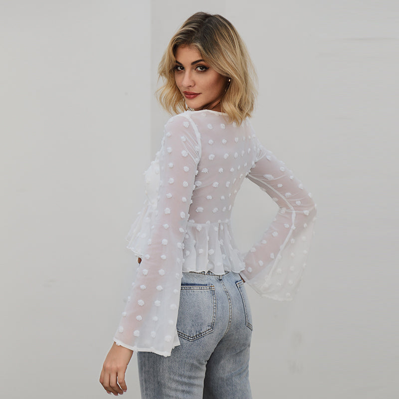 Estella's V Neck Ruched Detail Ruffle Hem Long Sleeve Dot Crop Top