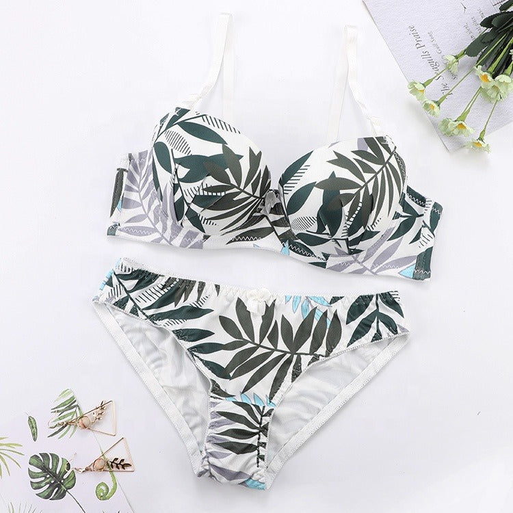 Estella's Leaf Print Underwire Embroidery Bra and Panty