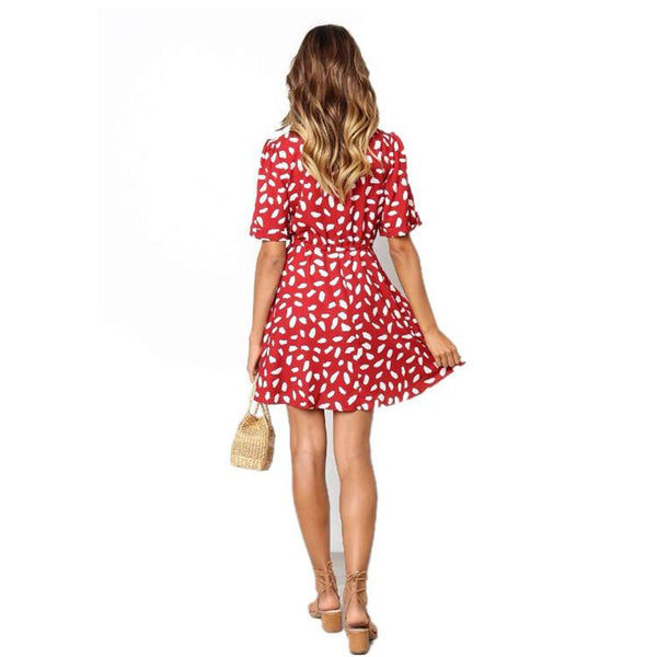 Estella' Red Fashion Print Button Lace Casual Dress for Summer/Beach