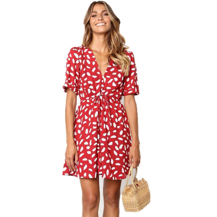 Estella' Red Fashion Print Button Lace Casual Dress for Summer/Beach